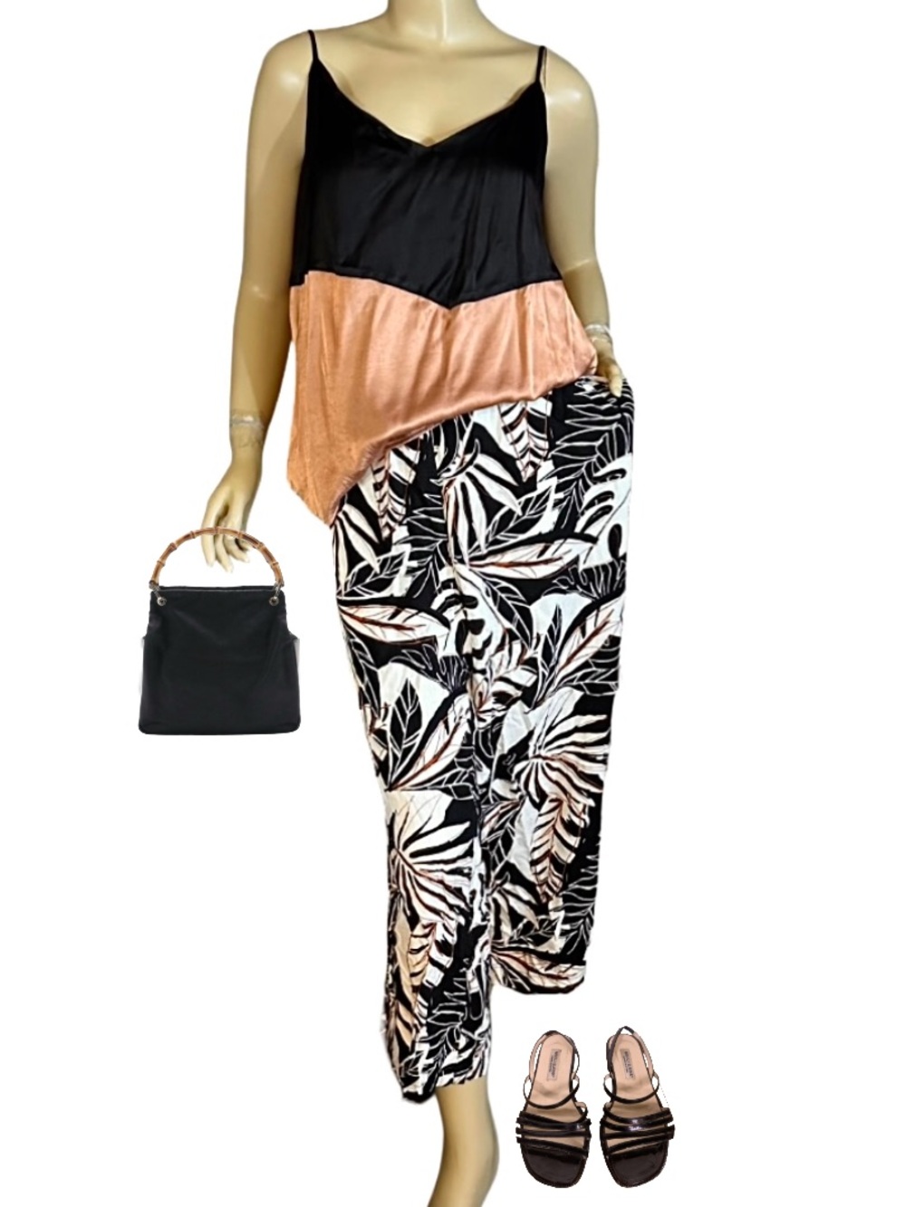 SUSAN GRAVER BLACK & BROWN LEAF PRINT CROPPED, WIDE LEG LINEN BLEND PANTS (2X)